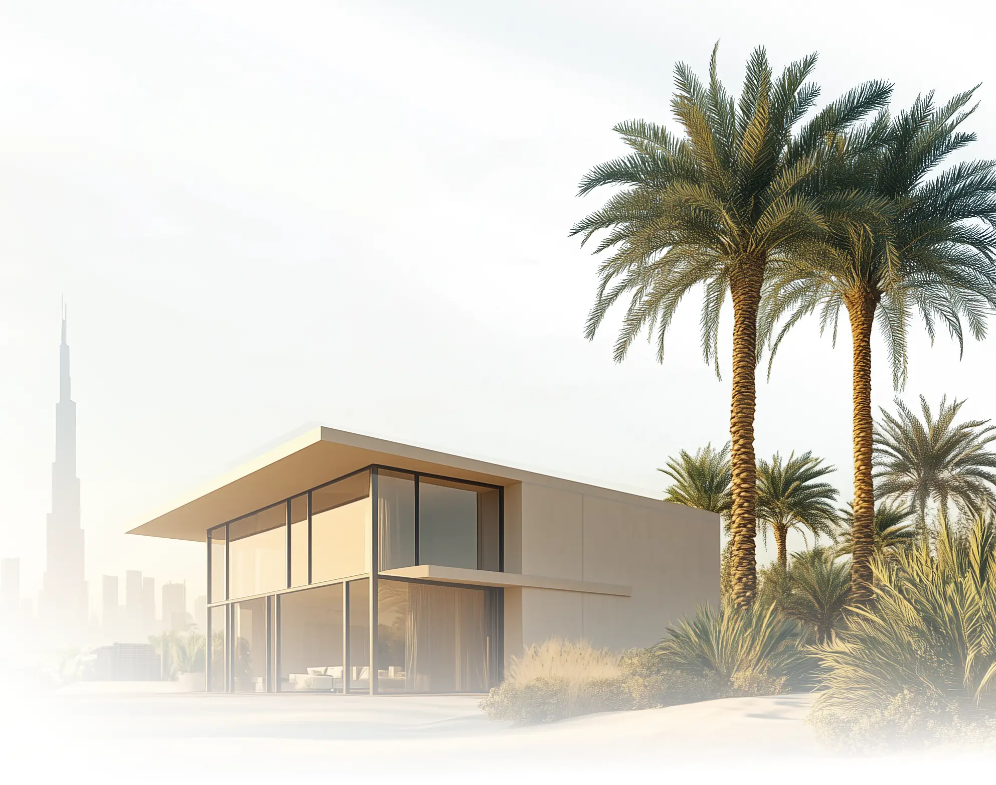 Building and palm trees